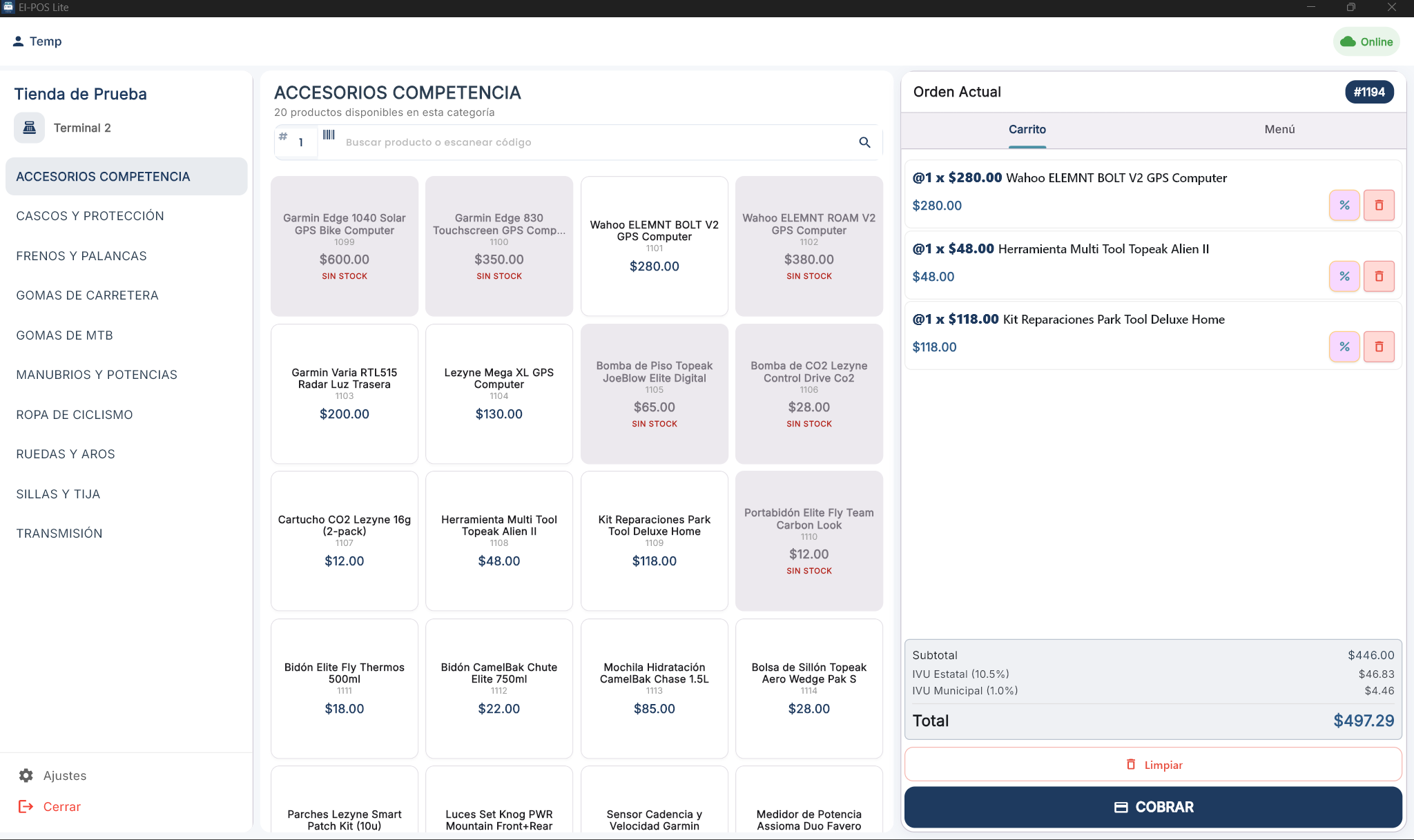 Menú principal del POS con catálogo de productos