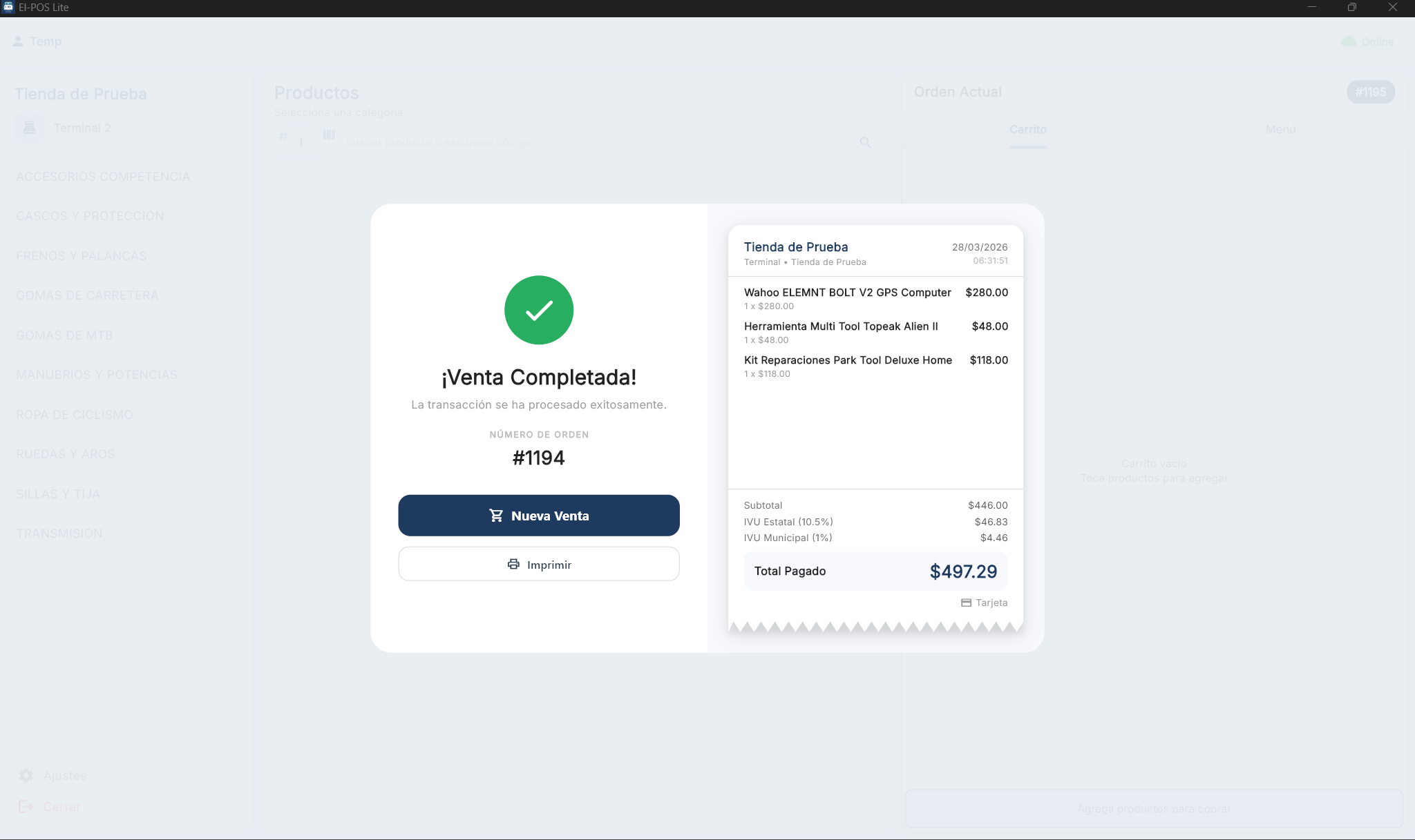 Confirmación de venta completada con recibo